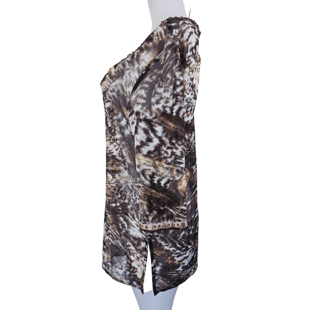 Chico's Animal Print Semi Sheer Beaded Stones Neck Sleeve Women's Blouse 2-M-12 - Picture 3 of 8